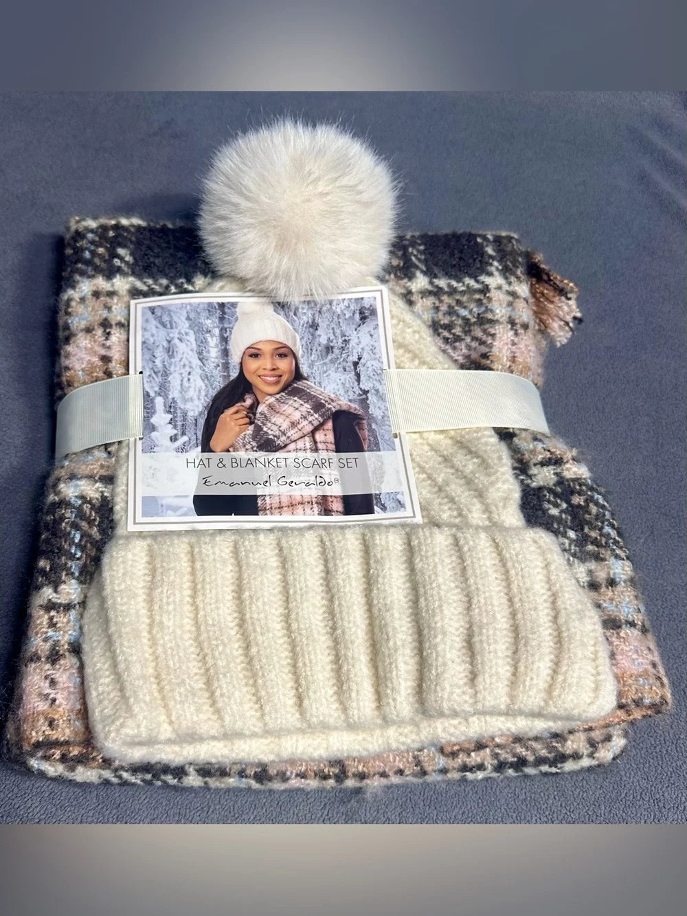 Emanuel Ungaro Cream, Tan & Black Plaid Hat and Blanket Scarf Set
